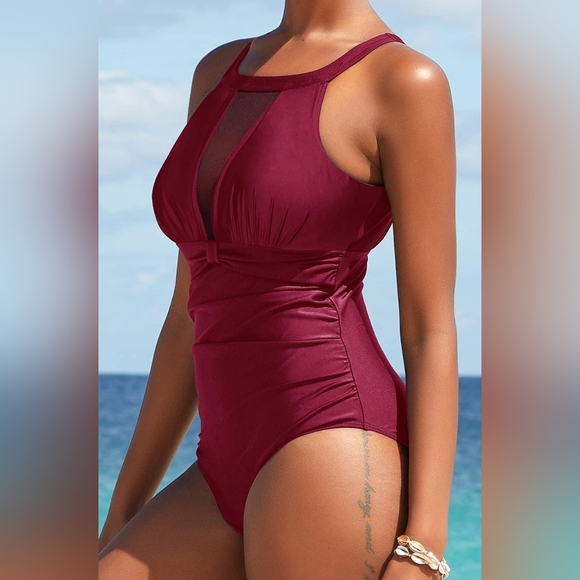 Women's Mesh V-Neck Burgundy Monokini - Picture 3 of 5
